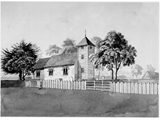 18C drawing of north side of church, showing fence and outbuildings