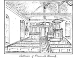 Farthing drawing c 1850 - Georgian 'box' pews, tall pulpit and beam between nave and chancel.